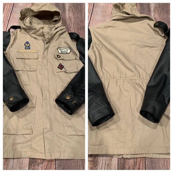 Rivet & Surge hood jacket size M
Faux leather sleeves 
Pit to pit 19” Length 26” - Picture 1 of 11